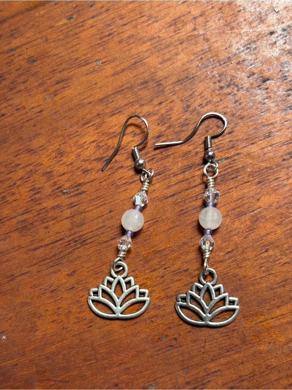 Silver Lotus Dangle Earrings with Rose Quartz and Swarovski Beads